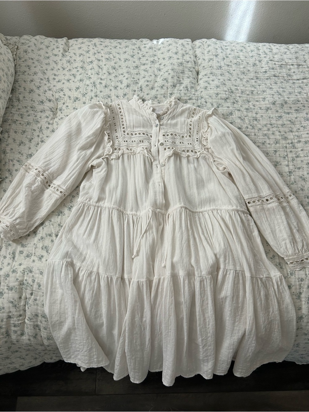 Mango Cream Cotton Tiered Eyelet Dress